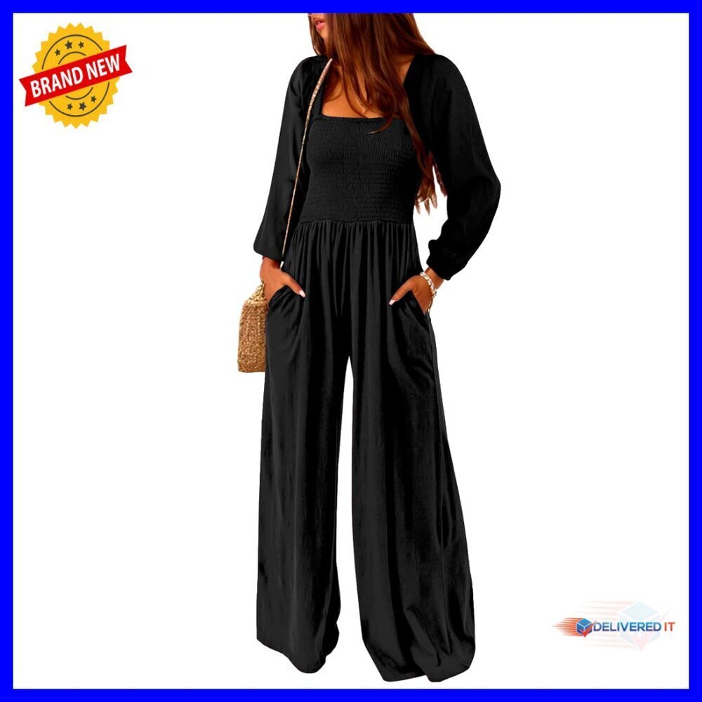 Square Neck Smocked Jumpsuit Loose Wide Leg Romper with Pockets Casual Chic